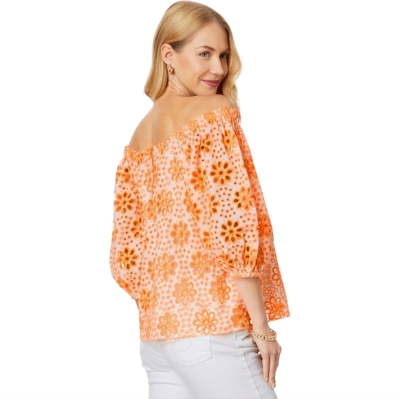 NWT Lilly Pulitzer Kerrigan Elbow Sleeve Cantaloupe Funflower Eyelet Top SZ XS - Picture 3 of 6